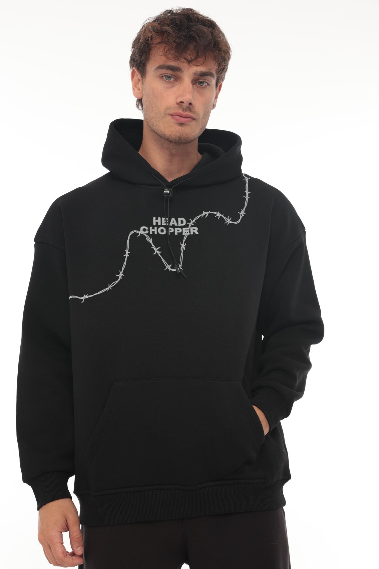 Miron Siyah Üç İplik Head Chopper Nakışlı Oversize Kapşonlu Sweatshirt- 2319