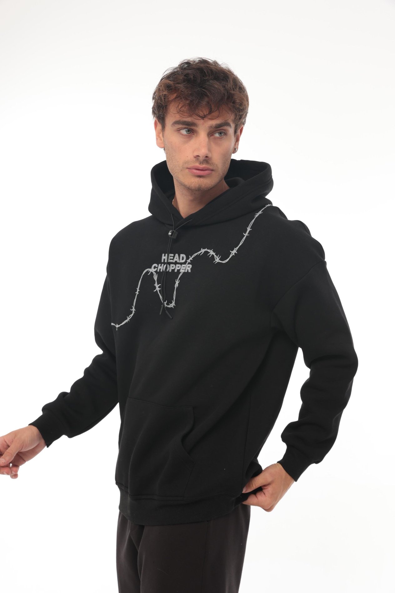 Miron Siyah Üç İplik Head Chopper Nakışlı Oversize Kapşonlu Sweatshirt- 2319
