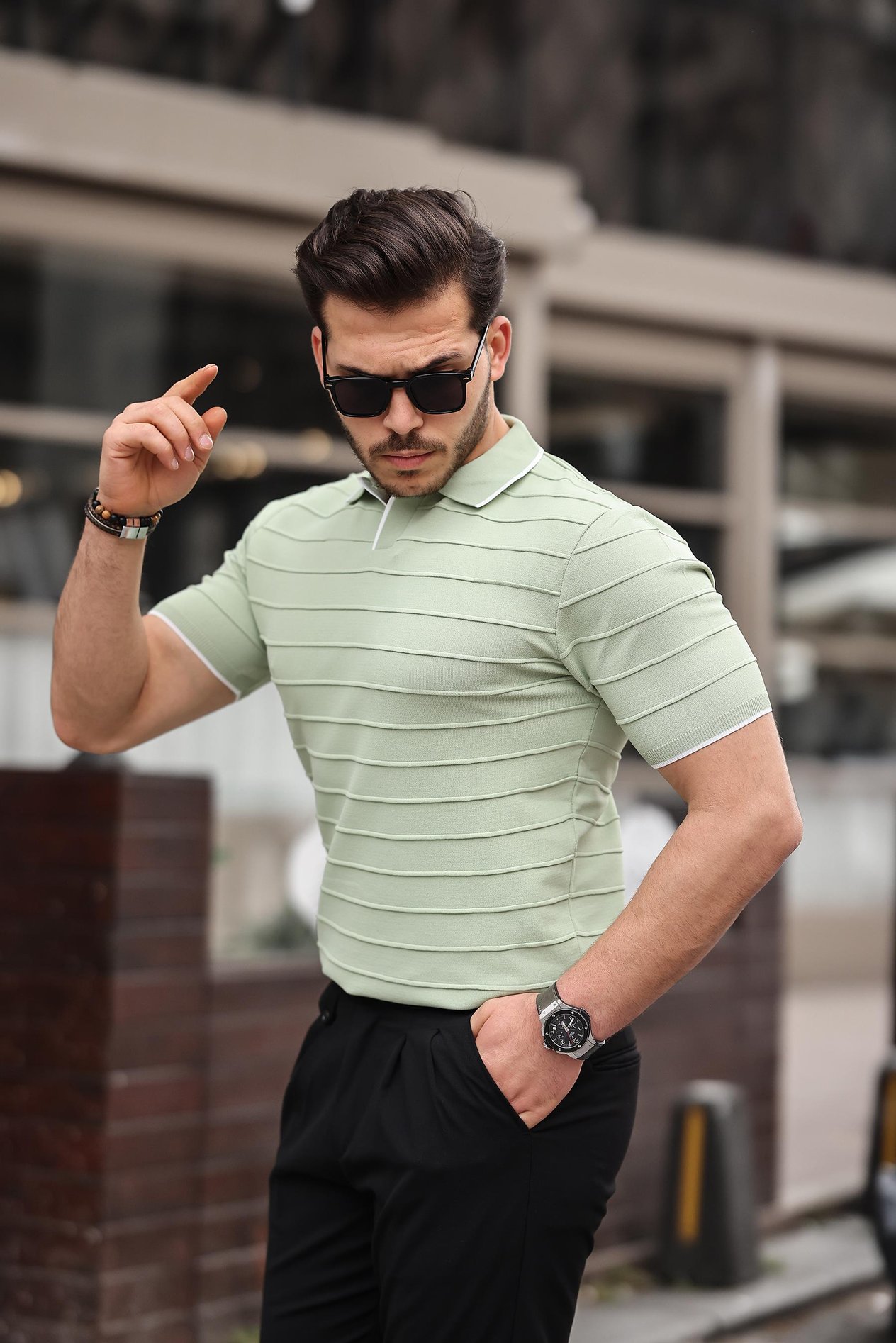 Miron Su Yeşili Kabartma Çizgi Polo Yaka Triko Tişört