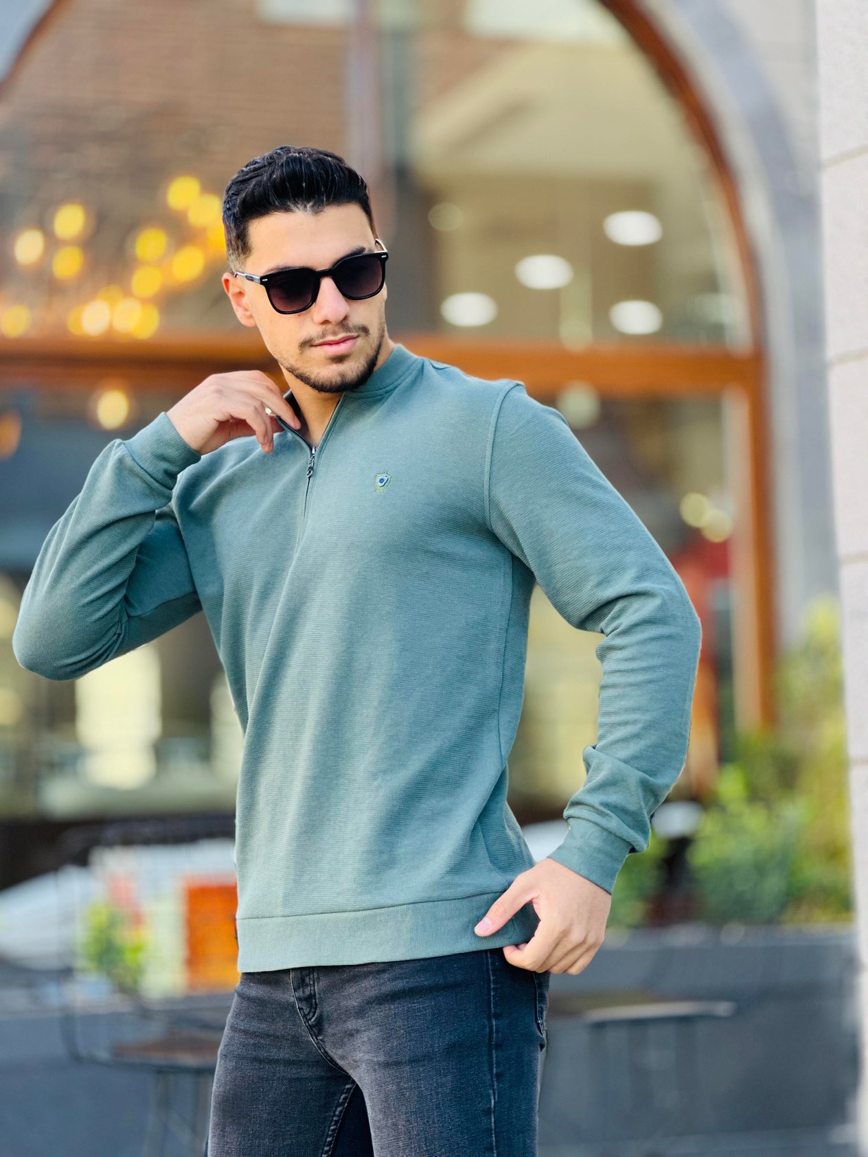 Yarım Fermuarlı Kolej Yaka Sweatshirt Regular Fit-Haki