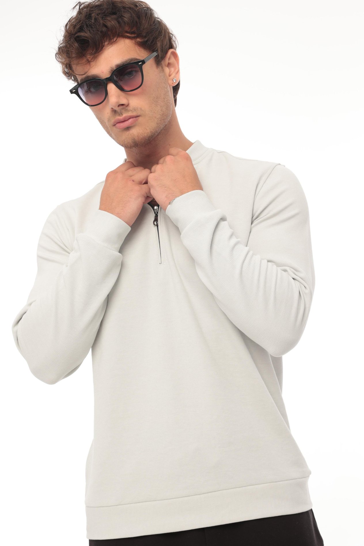 Yarım Fermuarlı Kolej Yaka Sweatshirt Regular Fit-Açık Gri-2317