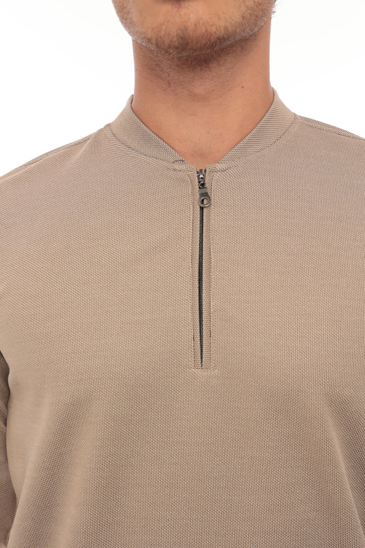 Yarım Fermuarlı Kolej Yaka Sweatshirt Regular Fit-Bej- 2317