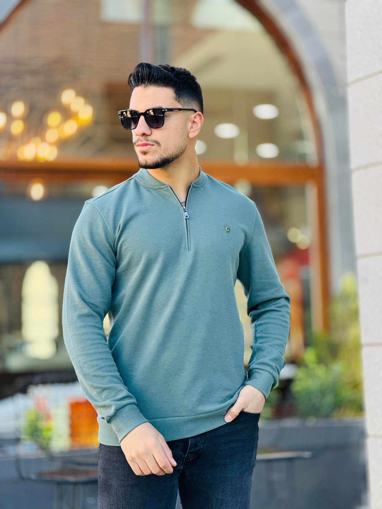 Yarım Fermuarlı Kolej Yaka Sweatshirt Regular Fit-Haki