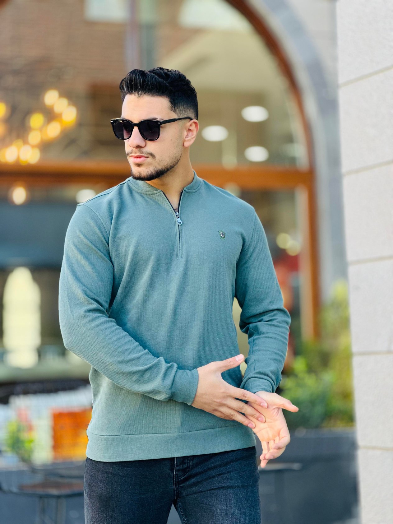 Yarım Fermuarlı Kolej Yaka Sweatshirt Regular Fit-Haki