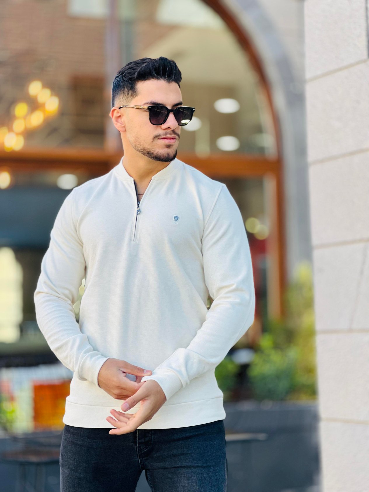 Yarım Fermuarlı Kolej Yaka Sweatshirt Regular Fit-Ekru
