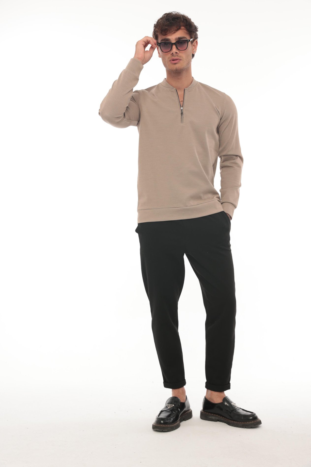 Yarım Fermuarlı Kolej Yaka Sweatshirt Regular Fit-Bej- 2317