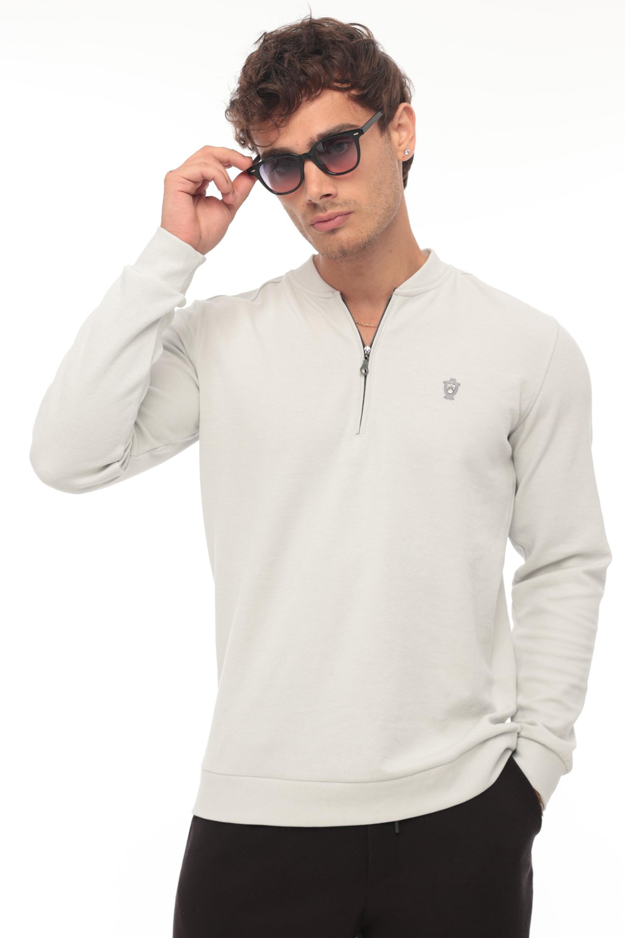 Yarım Fermuarlı Kolej Yaka Sweatshirt Regular Fit-Açık Gri-2317