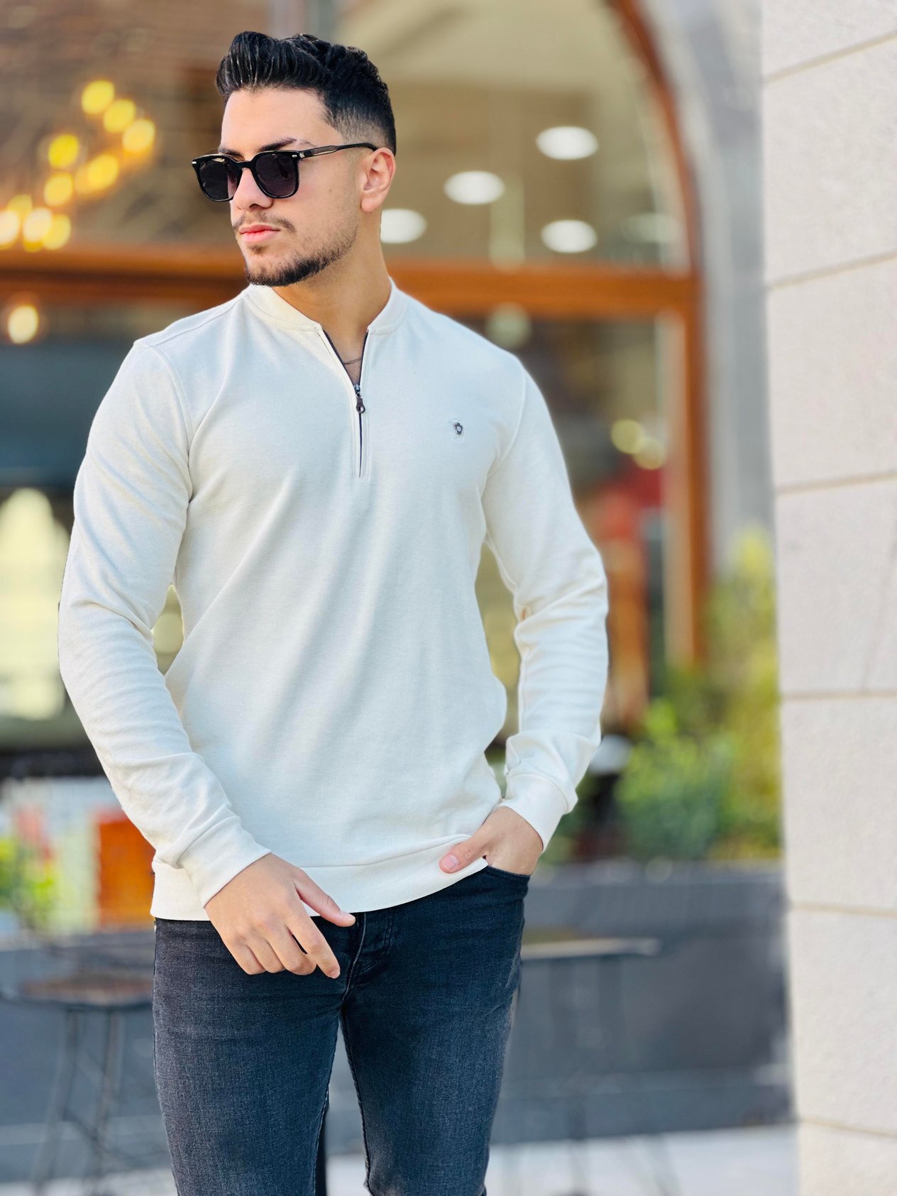 Yarım Fermuarlı Kolej Yaka Sweatshirt Regular Fit-Ekru