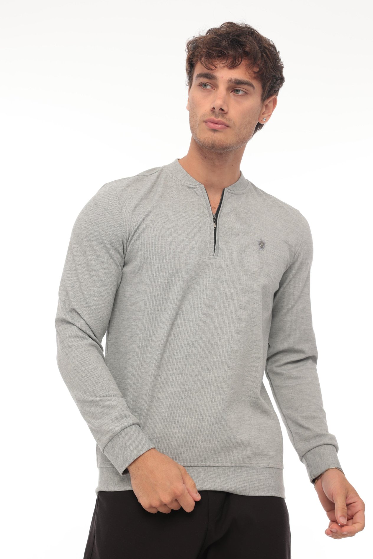 Yarım Fermuarlı Kolej Yaka Sweatshirt Regular Fit-Gri- 2317