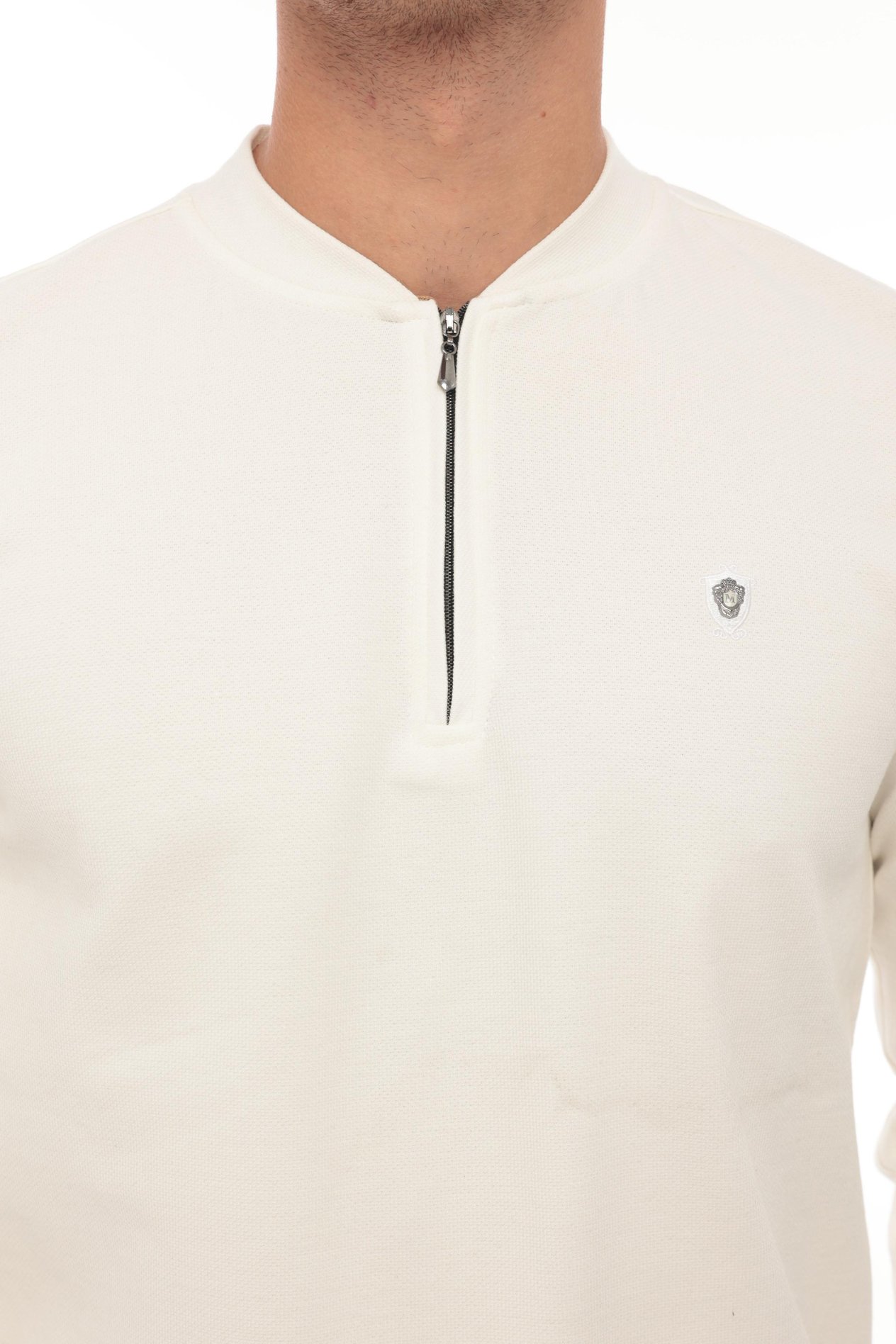 Yarım Fermuarlı Kolej Yaka Sweatshirt Regular Fit-Beyaz- 2317