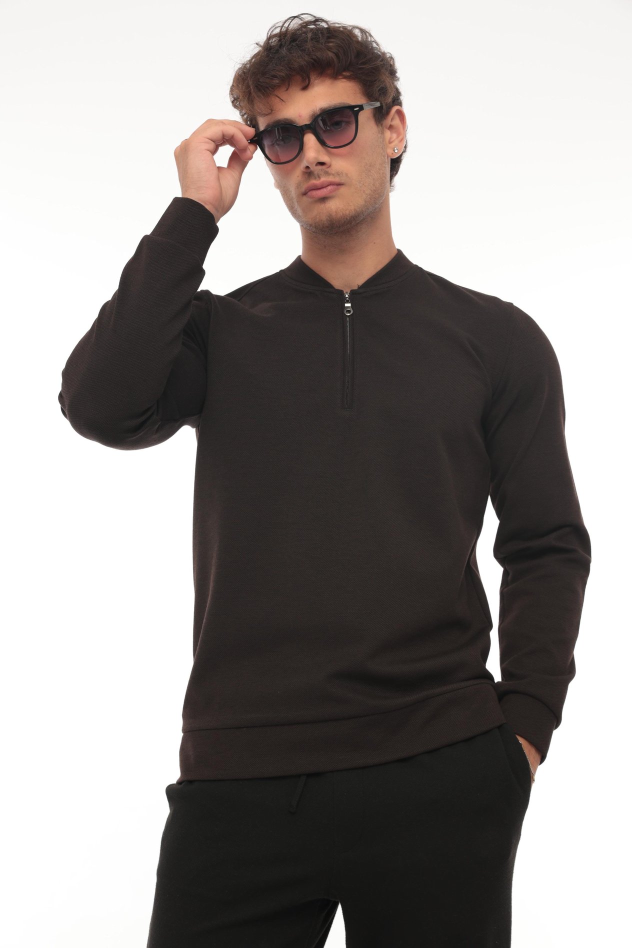Yarım Fermuarlı Kolej Yaka Sweatshirt Regular Fit-Koyu Kahverengi- 2317