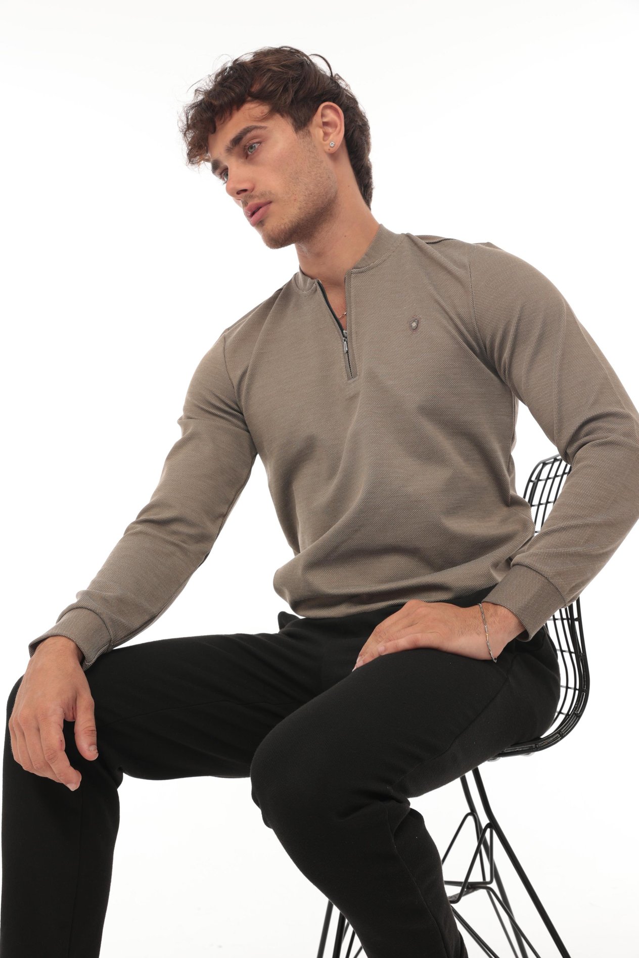 Yarım Fermuarlı Kolej Yaka Sweatshirt Regular Fit-Kahverengi- 2317