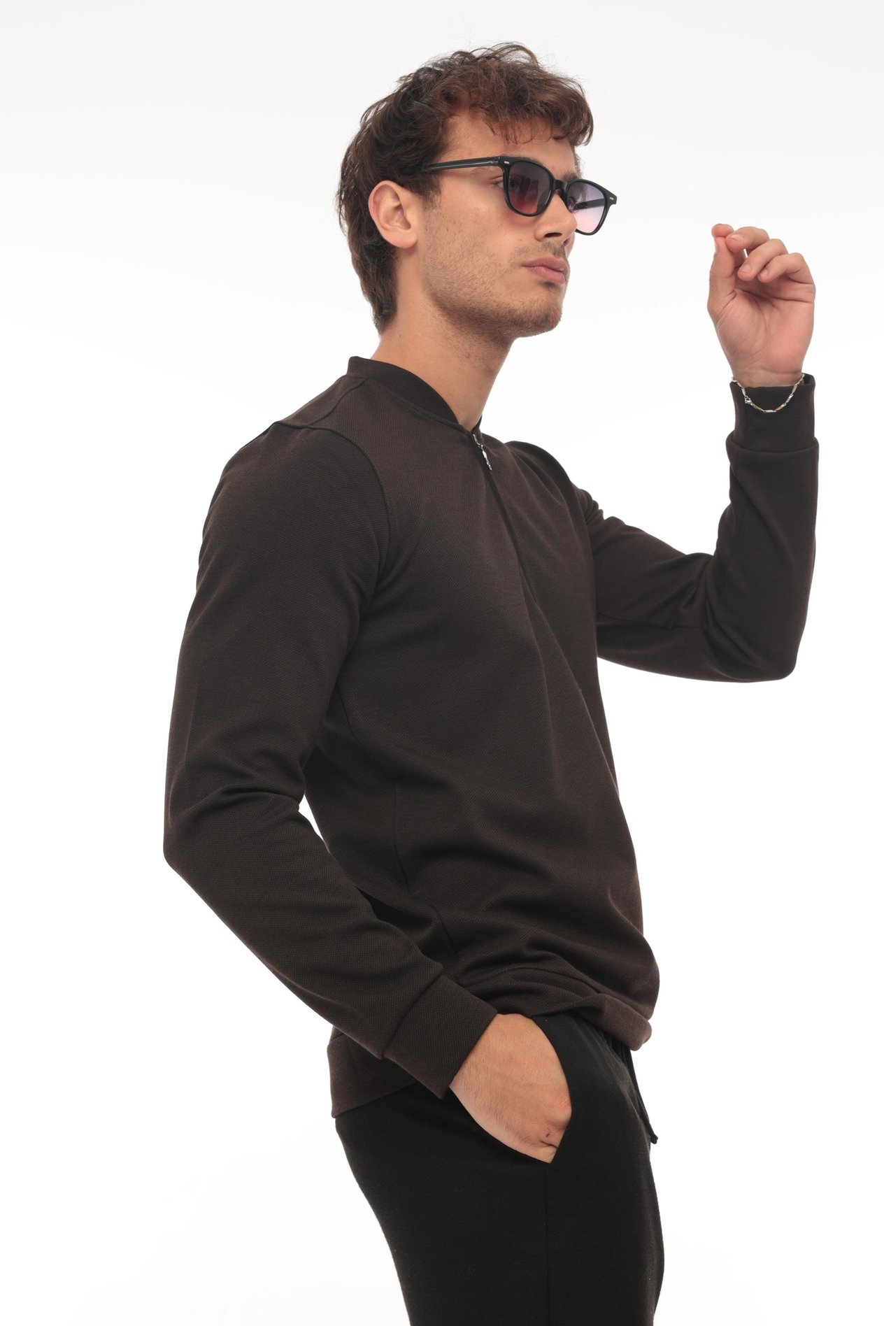 Yarım Fermuarlı Kolej Yaka Sweatshirt Regular Fit-Koyu Kahverengi- 2317