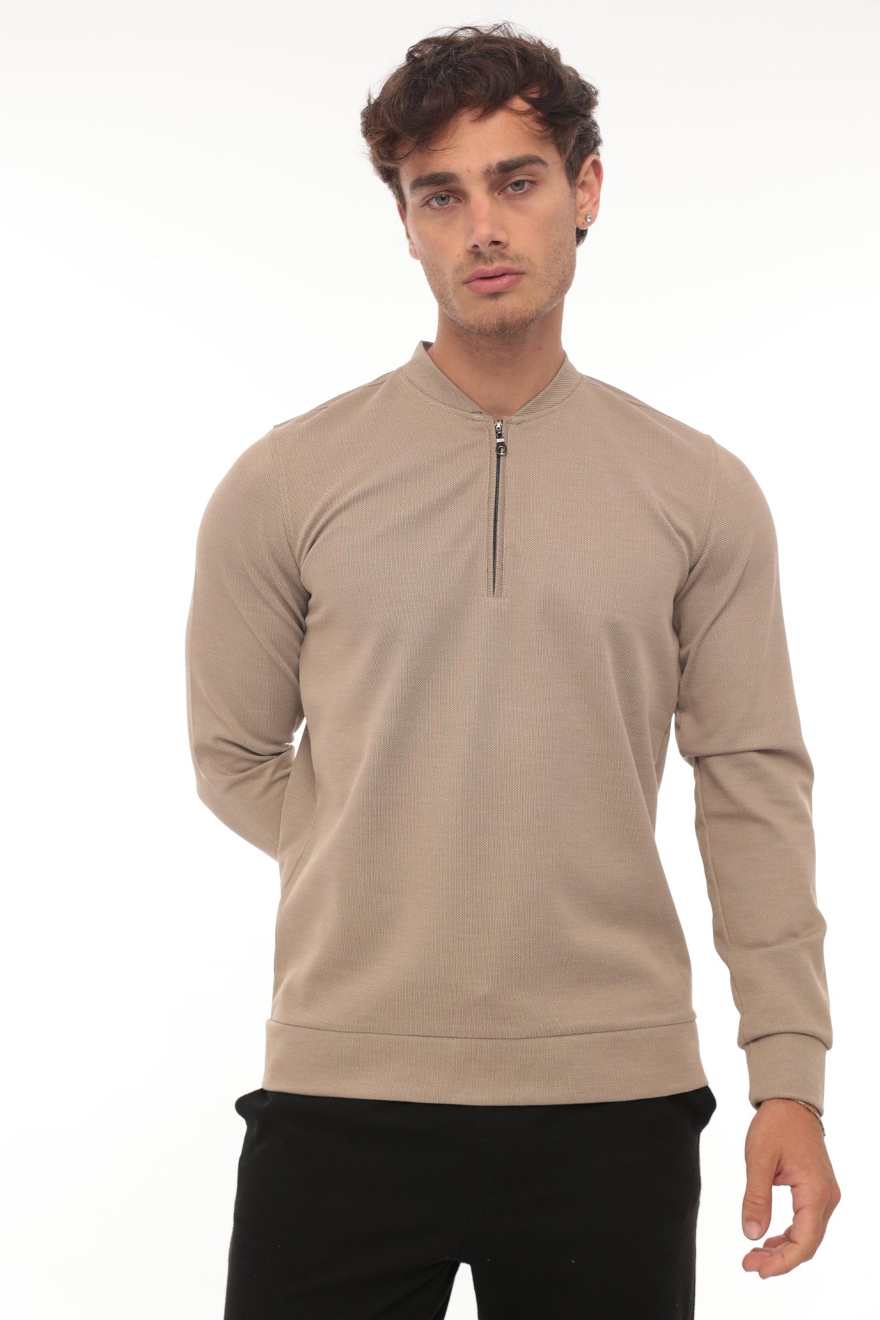 Yarım Fermuarlı Kolej Yaka Sweatshirt Regular Fit-Bej- 2317