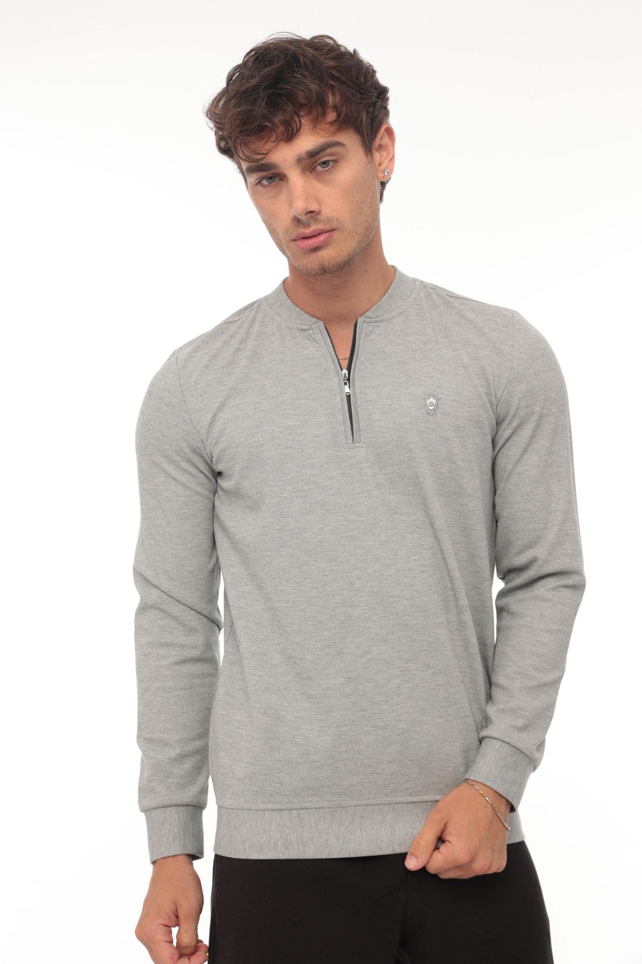 Yarım Fermuarlı Kolej Yaka Sweatshirt Regular Fit-Gri- 2317