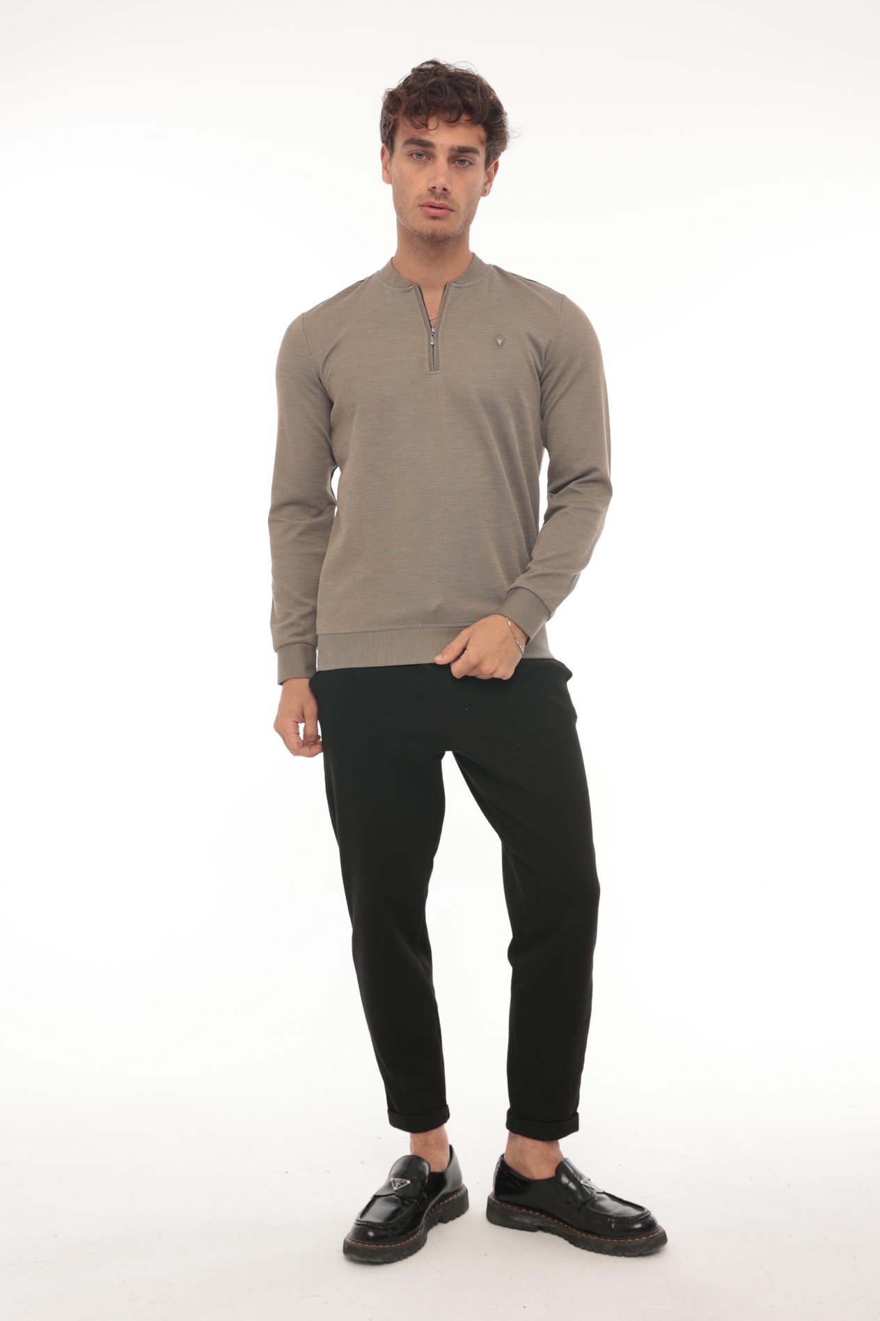 Yarım Fermuarlı Kolej Yaka Sweatshirt Regular Fit-Kahverengi- 2317