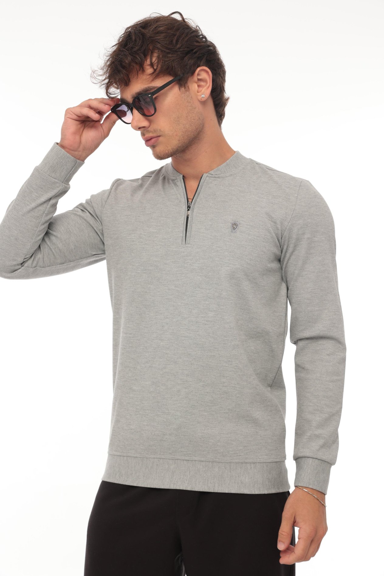 Yarım Fermuarlı Kolej Yaka Sweatshirt Regular Fit-Gri- 2317