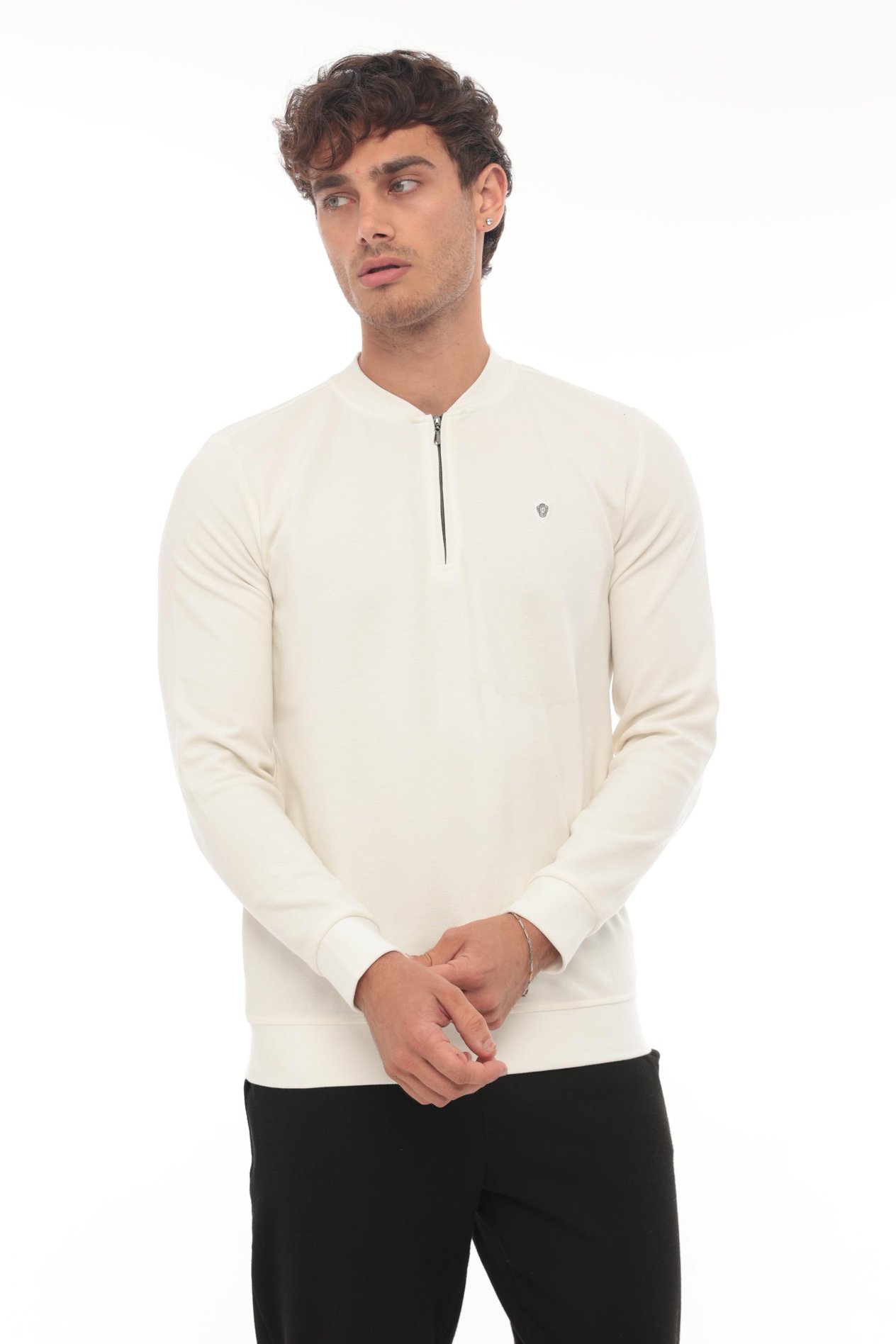 Yarım Fermuarlı Kolej Yaka Sweatshirt Regular Fit-Beyaz- 2317
