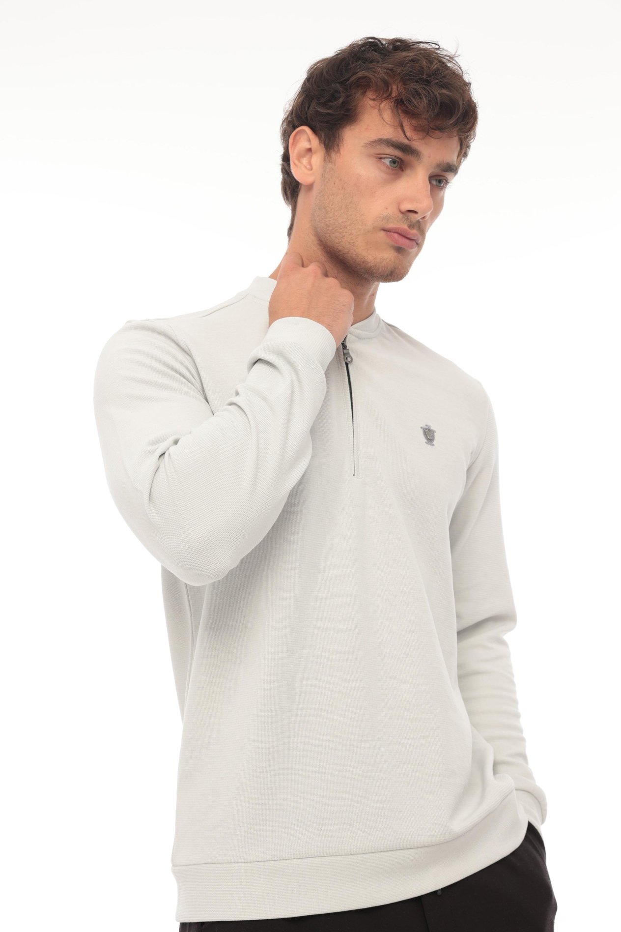 Yarım Fermuarlı Kolej Yaka Sweatshirt Regular Fit-Açık Gri-2317