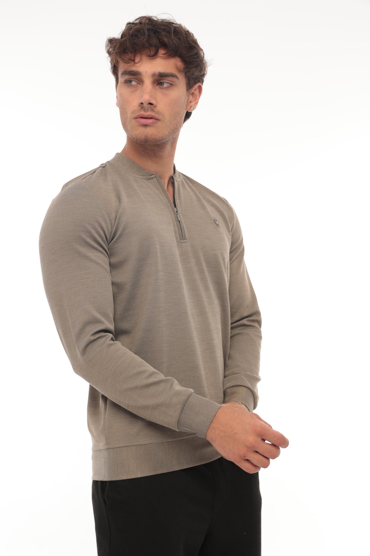 Yarım Fermuarlı Kolej Yaka Sweatshirt Regular Fit-Kahverengi- 2317