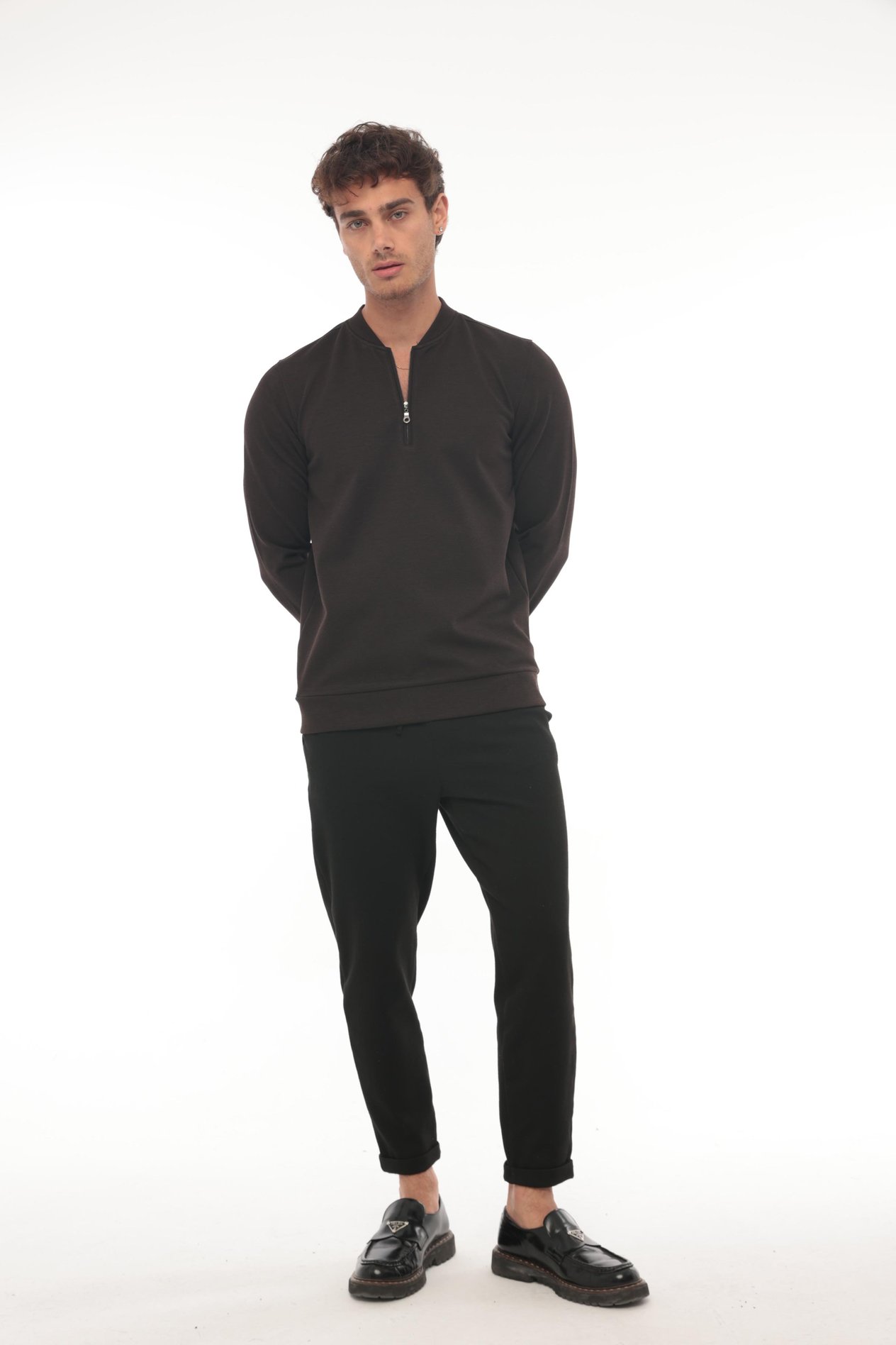 Yarım Fermuarlı Kolej Yaka Sweatshirt Regular Fit-Koyu Kahverengi- 2317