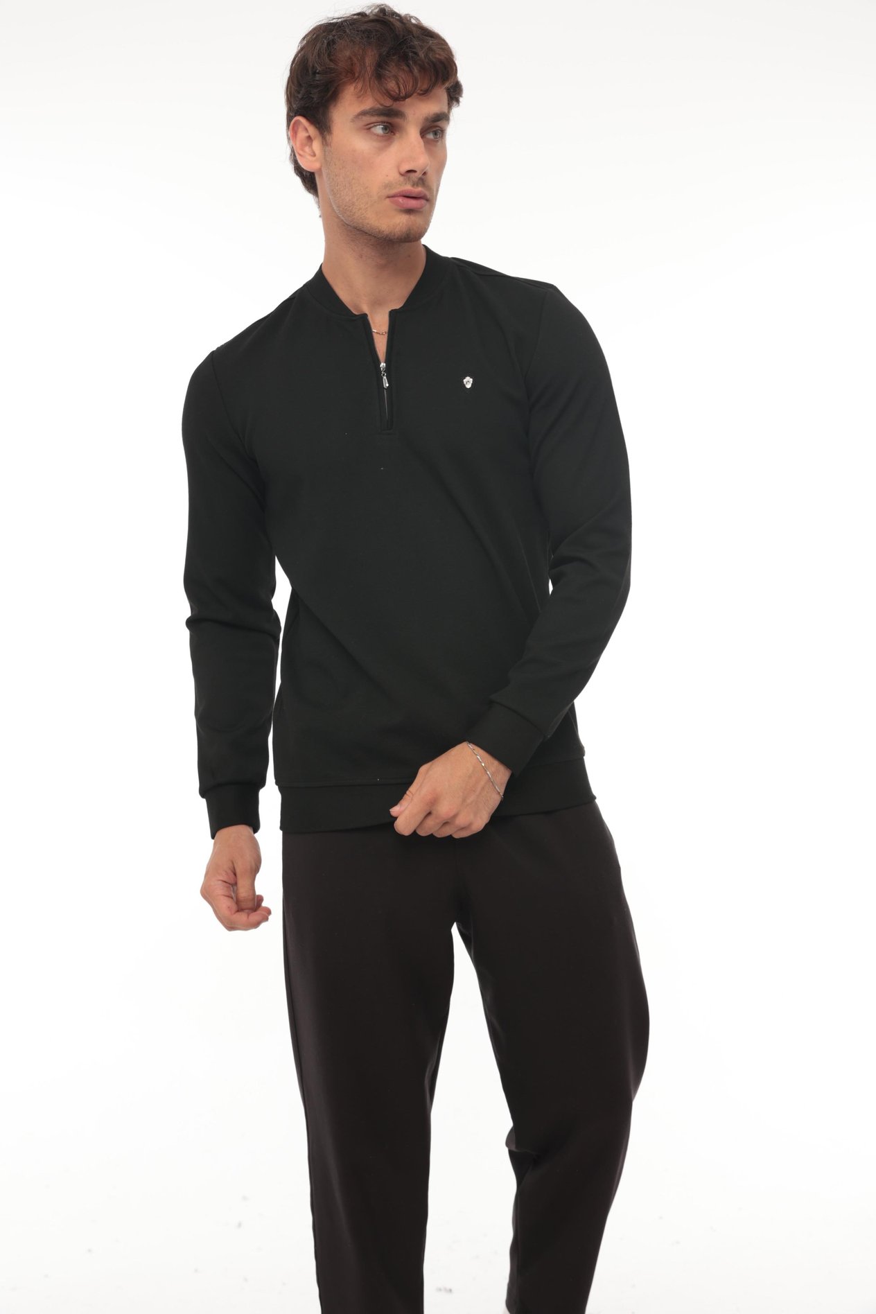 Yarım Fermuarlı Kolej Yaka Sweatshirt Regular Fit-Siyah- 2317