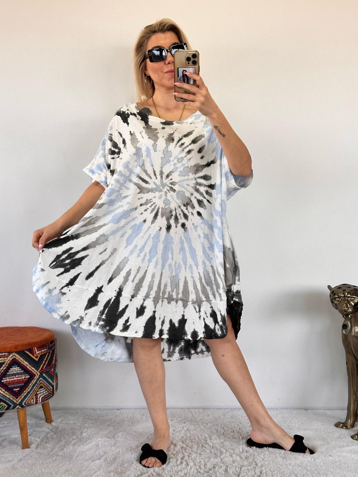 Mavi Siyah İtalyan Basic Batik Pamuk Elbise