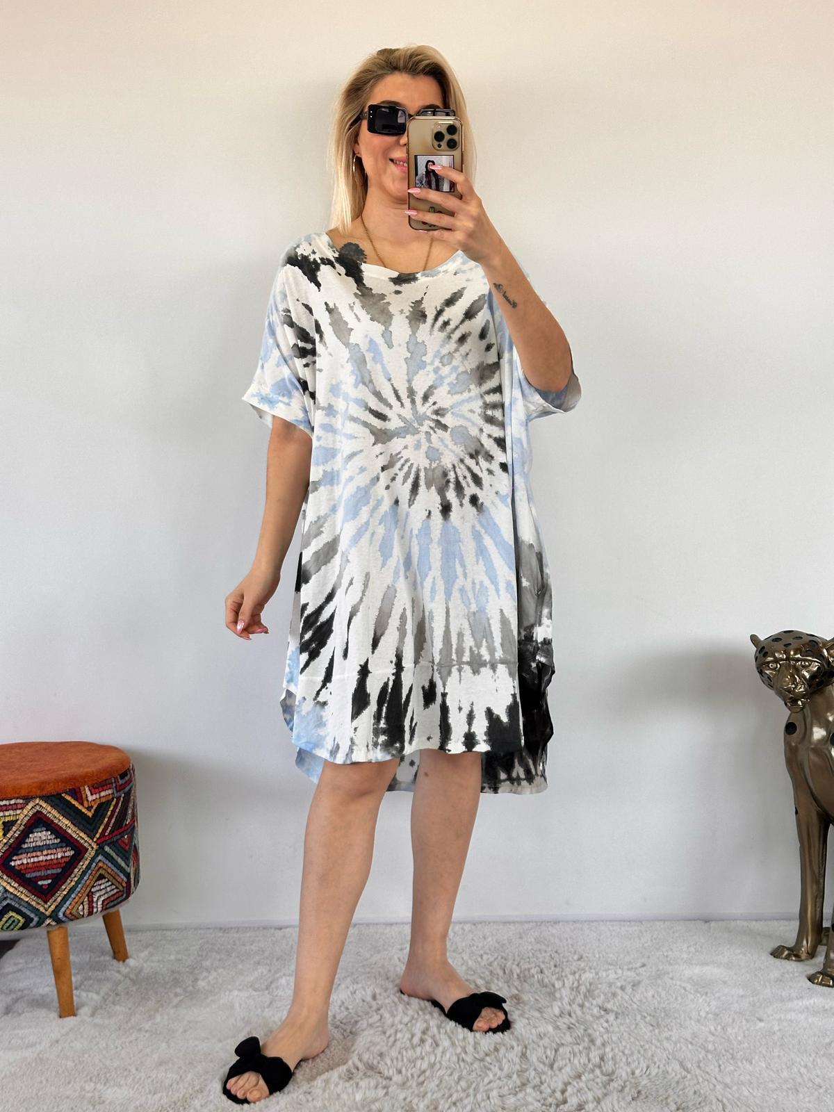 Mavi Siyah İtalyan Basic Batik Pamuk Elbise