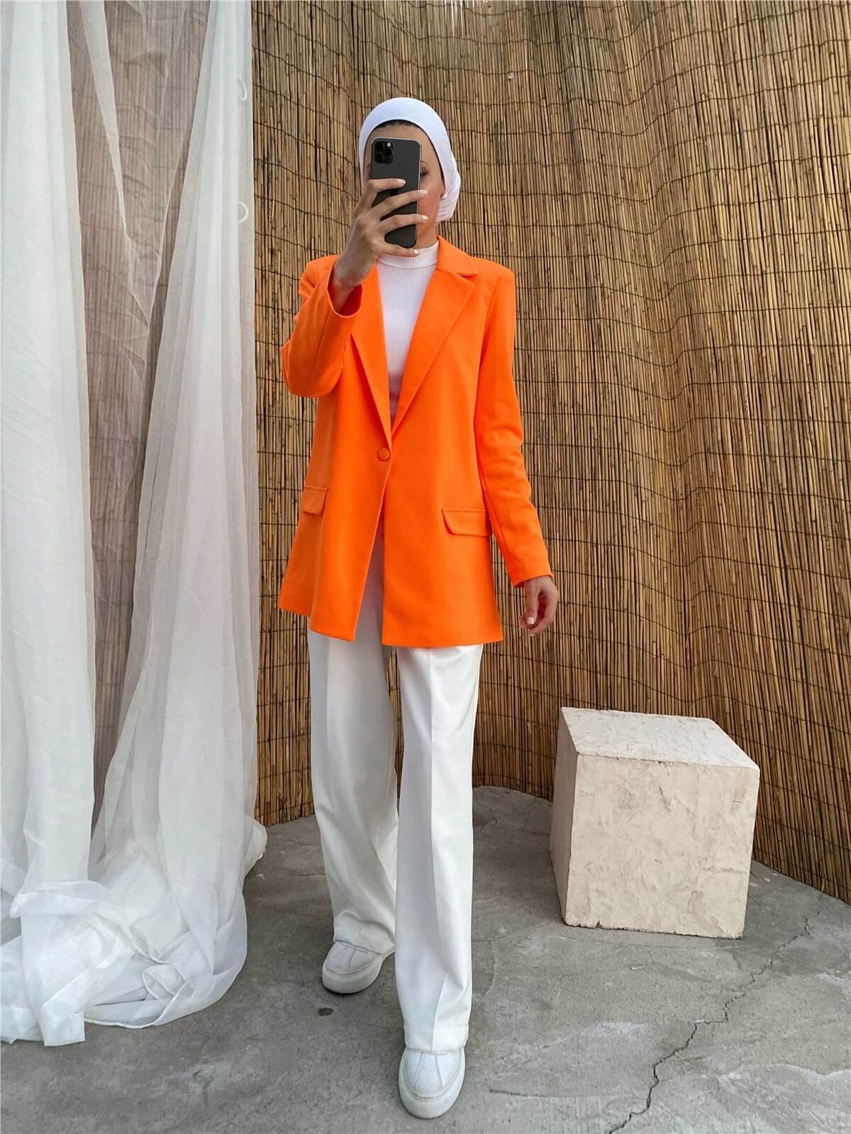 TURUNCU KAPLAMA DÜĞMELİ BLAZER CEKET