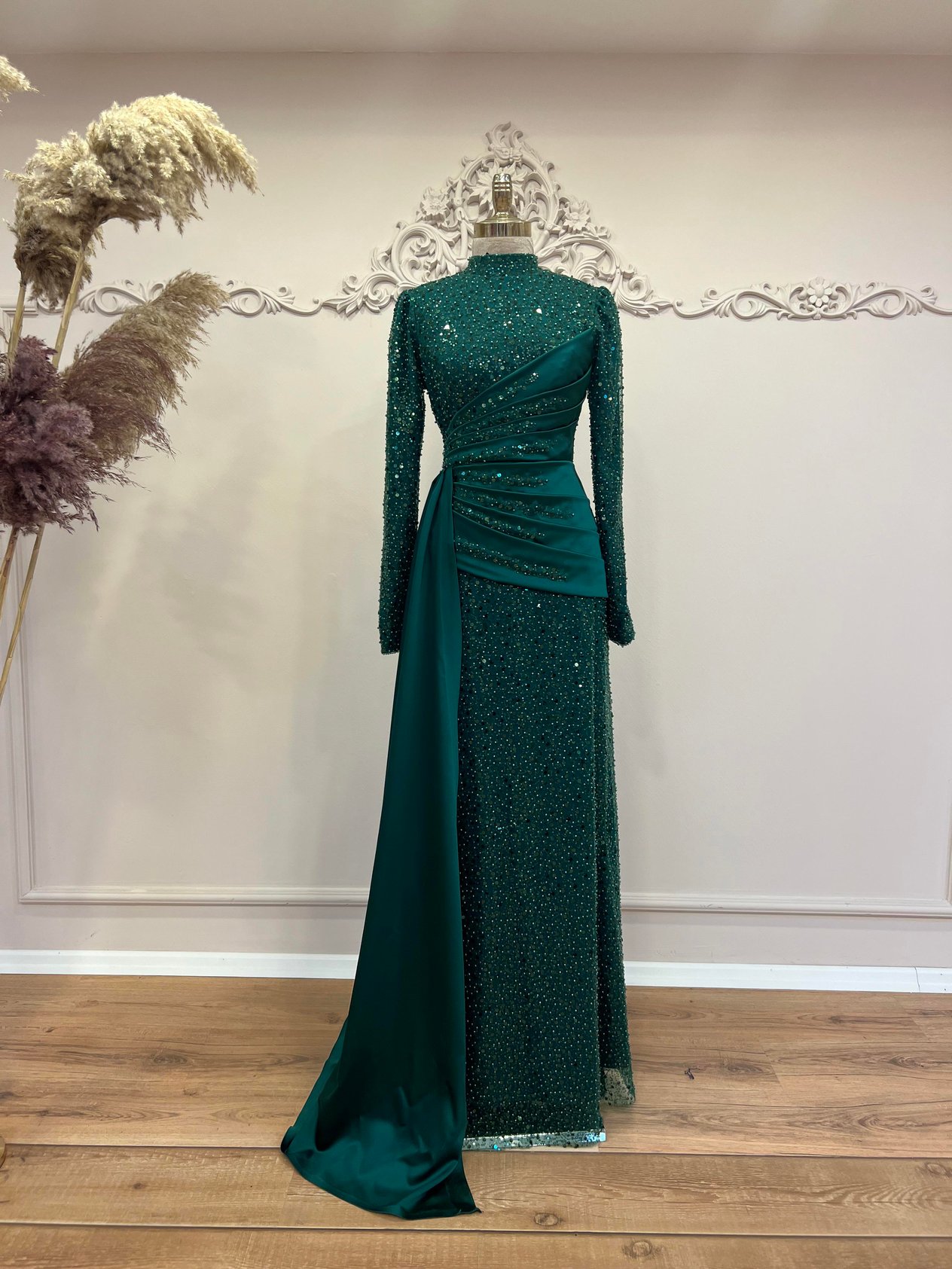 Drapeli Satin Hijab Evening Dresses Emerald