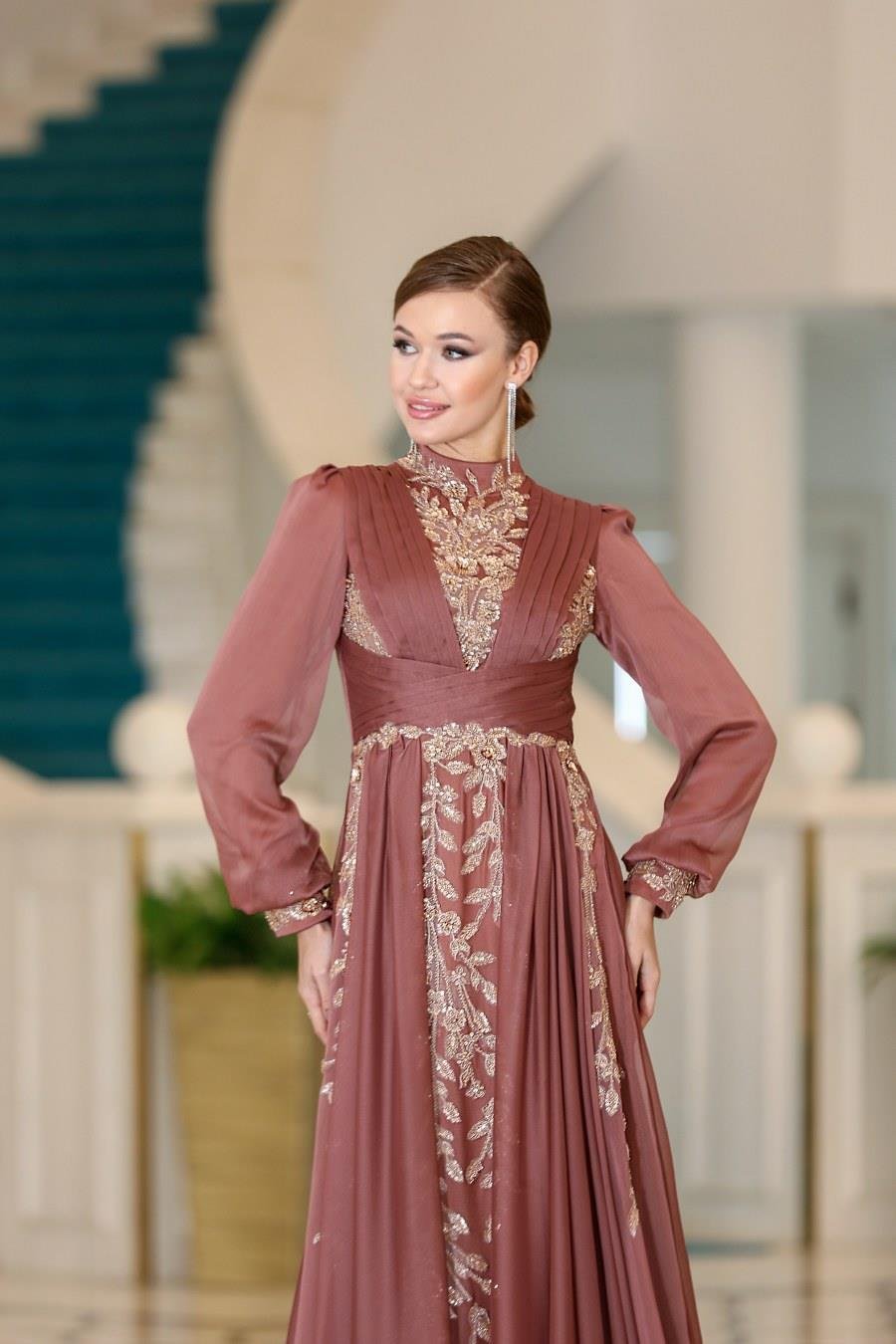 İşlemeli Hijab Evening Dresses Brown