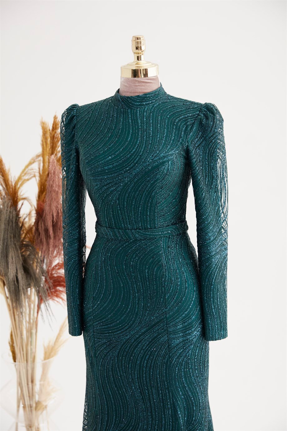 Simli Balık Hijab Evening Dresses Emerald
