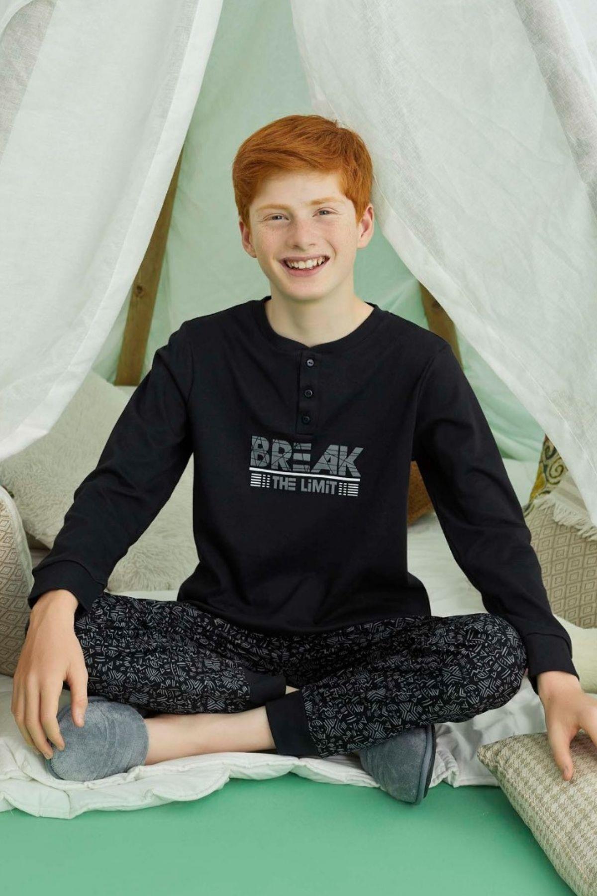 Erkek Çocuk Pamuklu Pijama Takımı - "Break the Limit" Yazılı