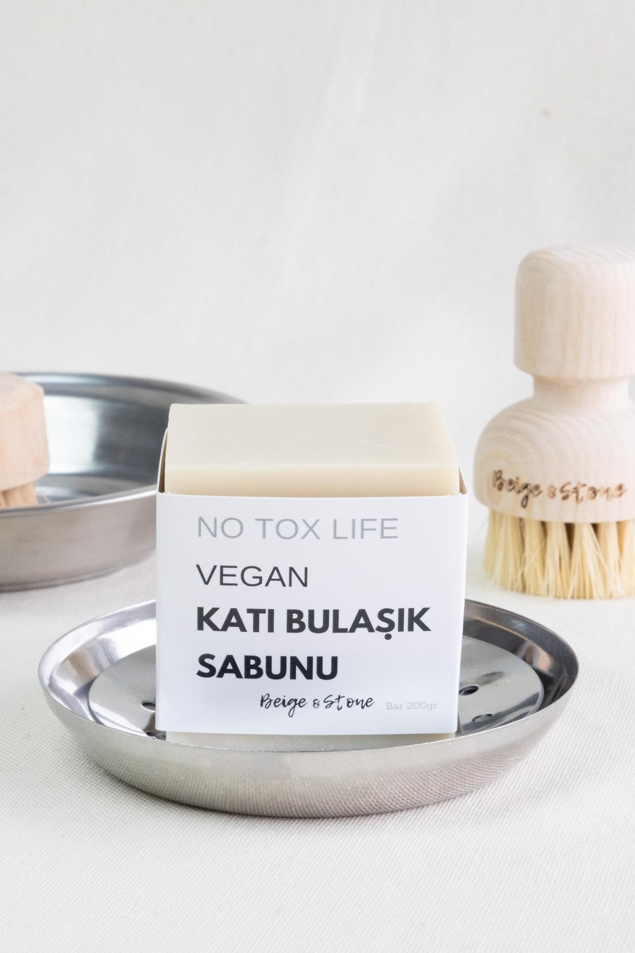 Doğal Mutfak Seti | 11,5 cm Çelik Sabunluk & Zeytinyağlı Katı Bulaşık Sabunu 200 gr