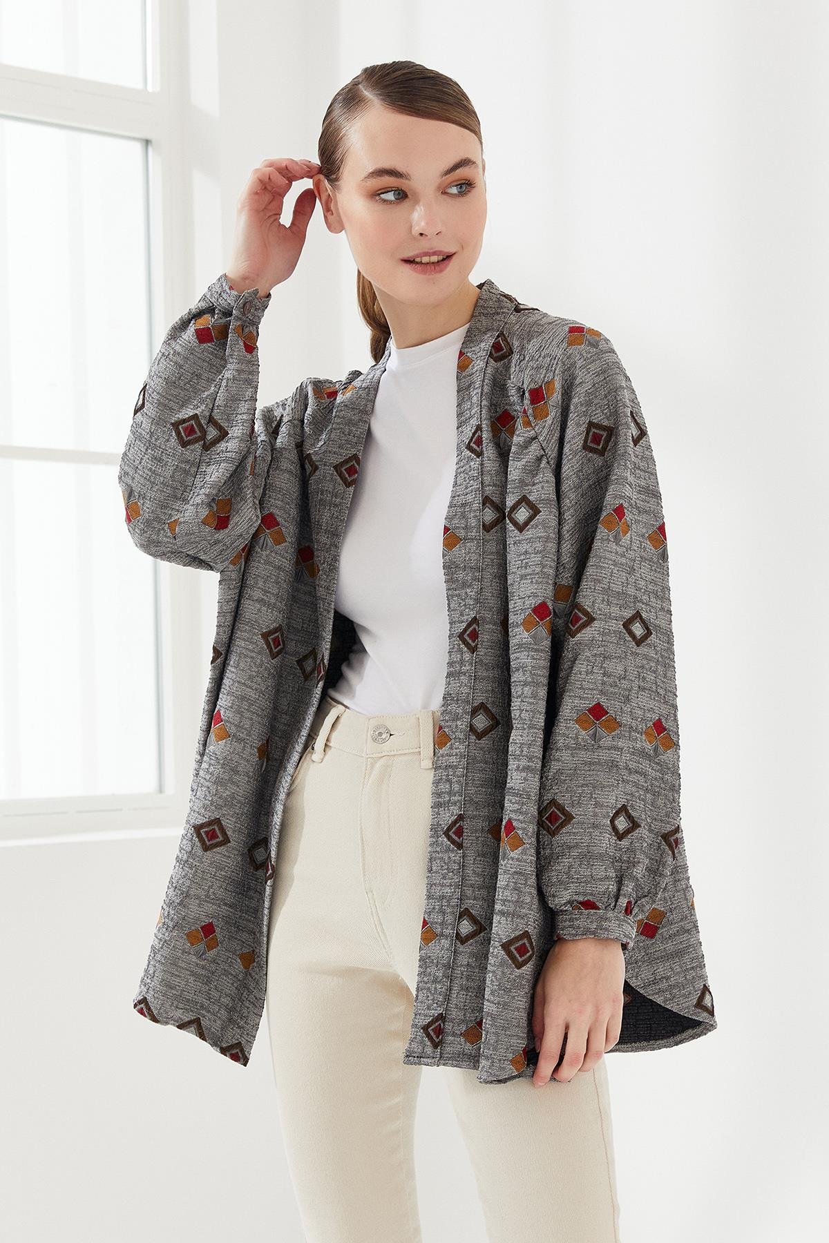 Etnik Desen Kimono Gri