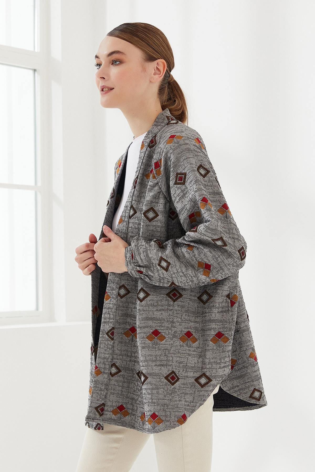 Etnik Desen Kimono Gri