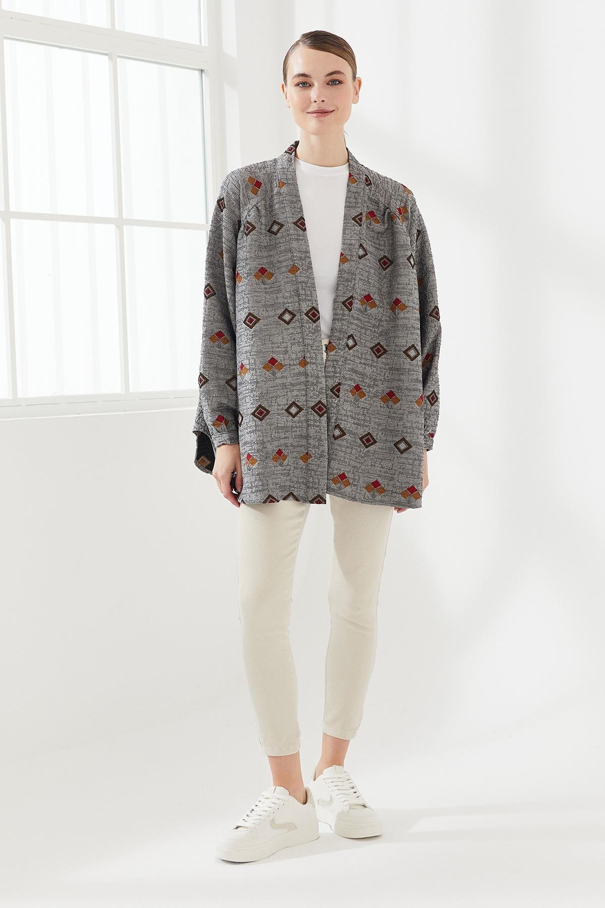 Etnik Desen Kimono Gri