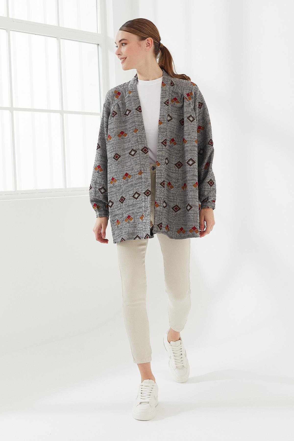 Etnik Desen Kimono Gri