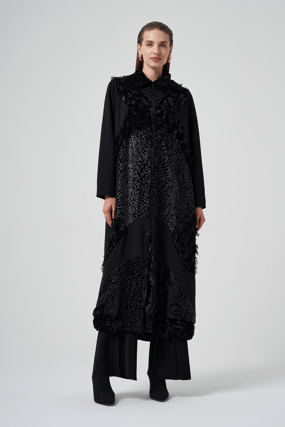MissWhence 36410 Kadife Patchwork Pardesü - Siyah