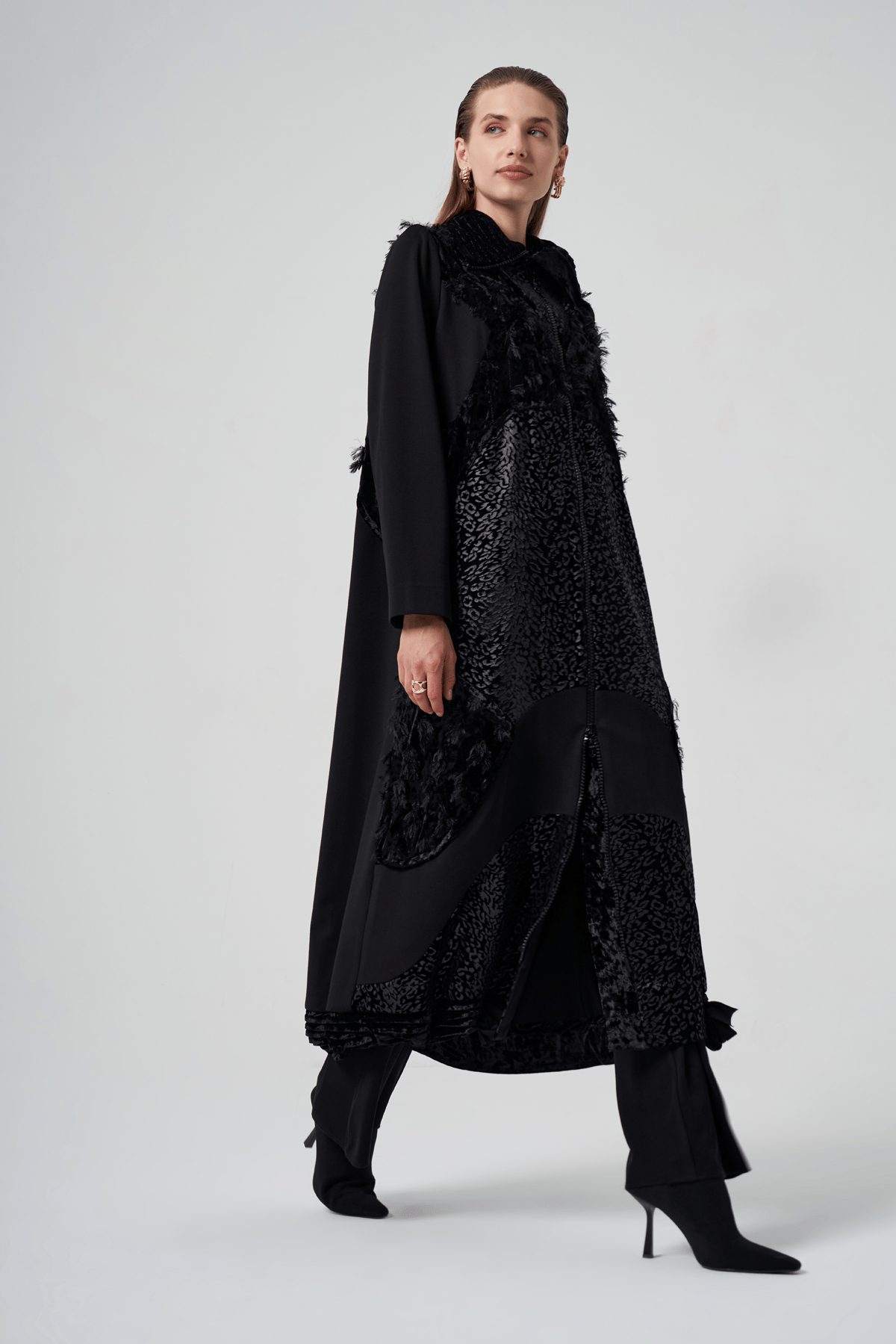 MissWhence 36410 Kadife Patchwork Pardesü - Siyah