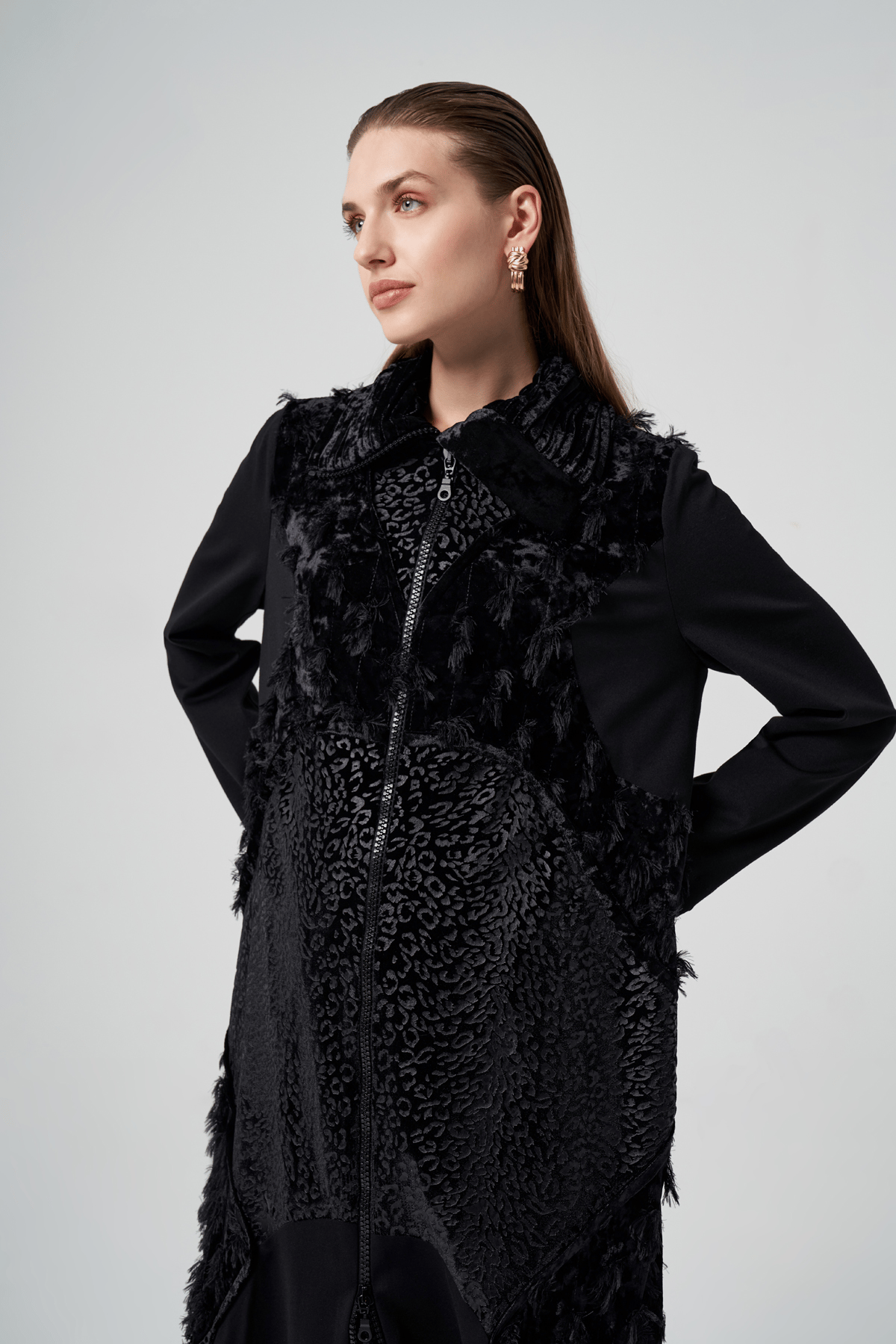 MissWhence 36410 Kadife Patchwork Pardesü - Siyah