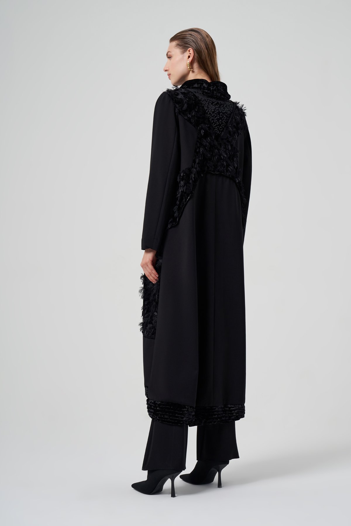 MissWhence 36410 Kadife Patchwork Pardesü - Siyah