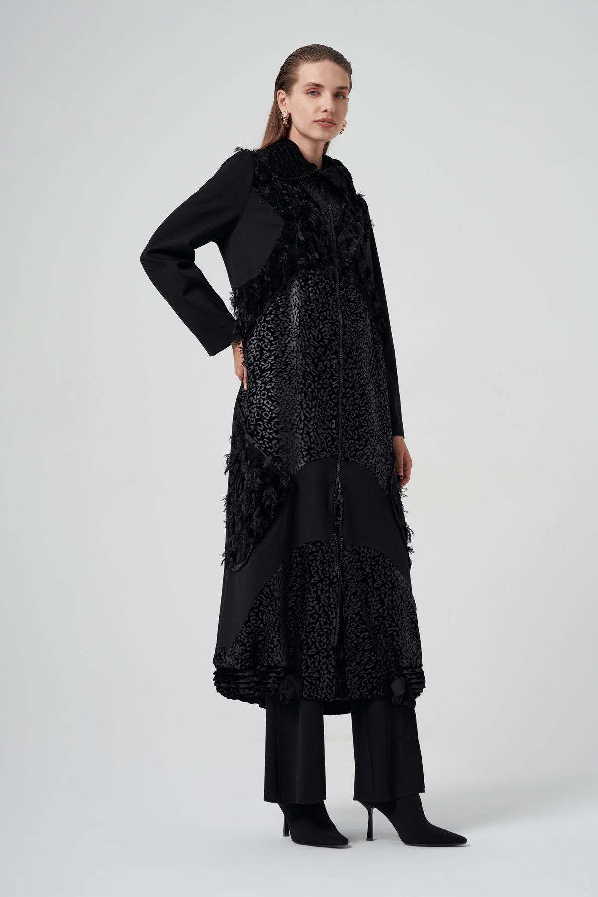 MissWhence 36410 Kadife Patchwork Pardesü - Siyah