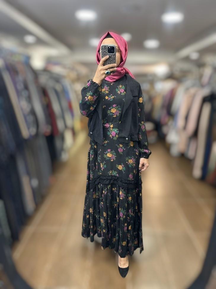 MissWhence 37816 Yelekli Cupro Elbise - Desenli Siyah