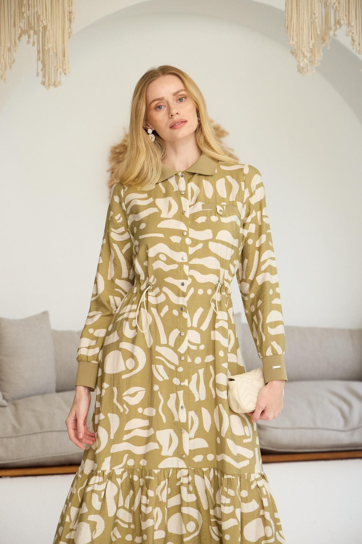 Moodbasic Desenli Rbanalı Cupra Elbise - Olive