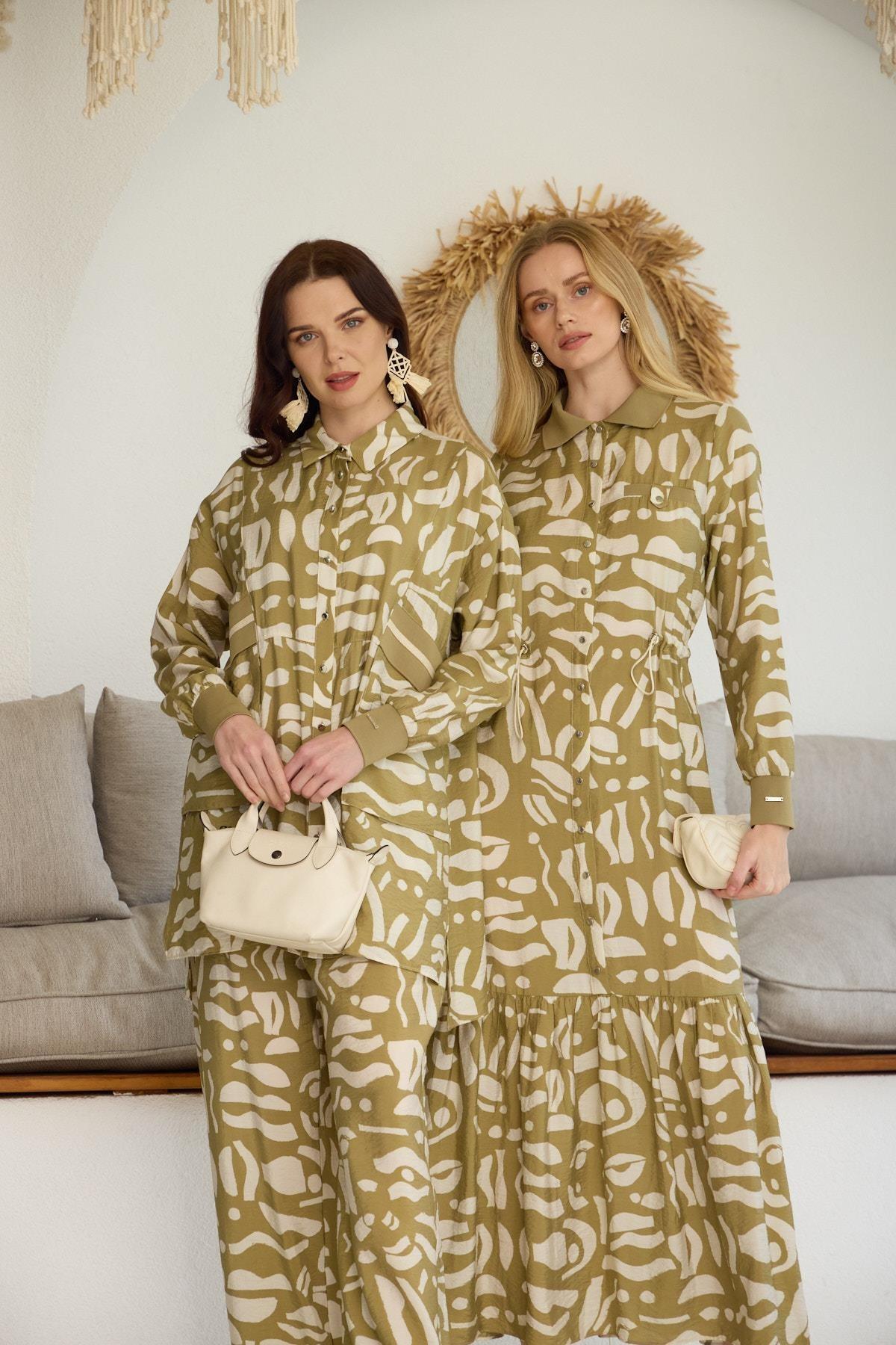 Moodbasic Desenli Rbanalı Cupra Elbise - Olive