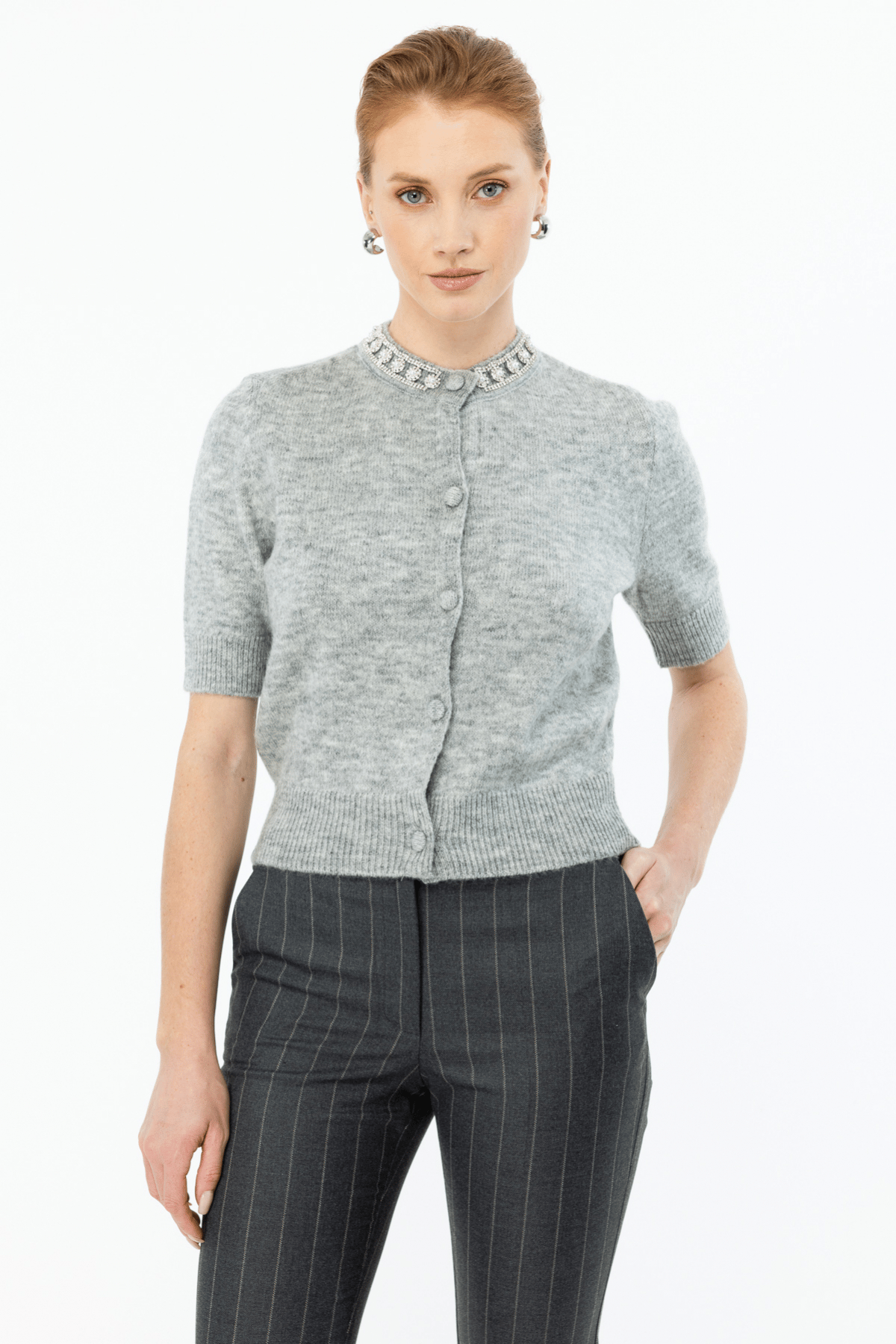 ON FASHION YAKASI TAŞLI HIRKA - GRİ