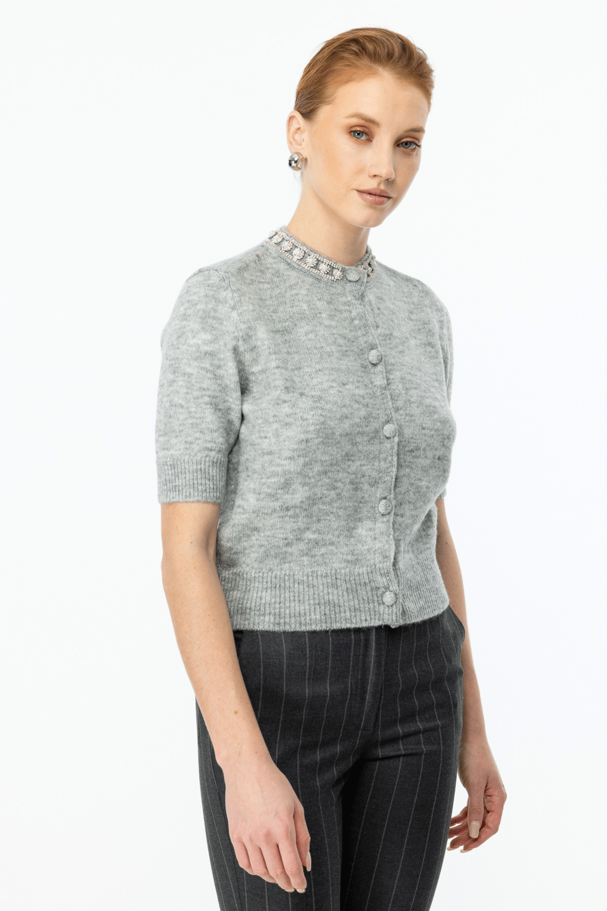 ON FASHION YAKASI TAŞLI HIRKA - GRİ