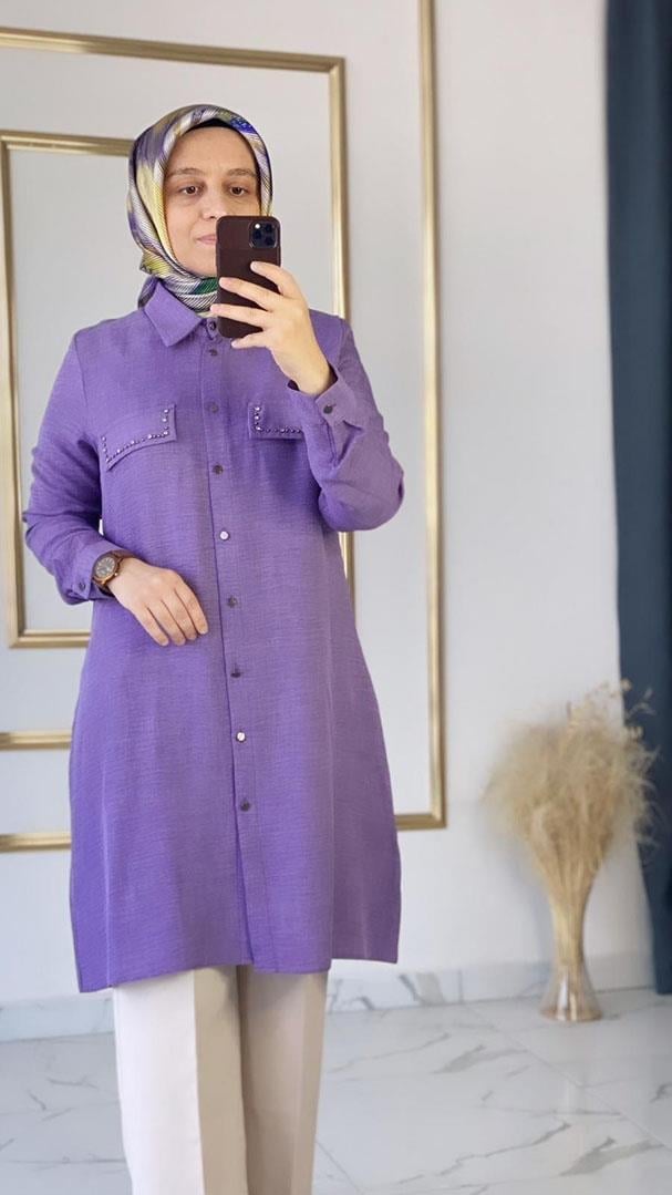 Cep Taş Detaylı yazlık Lila Tunik FRY