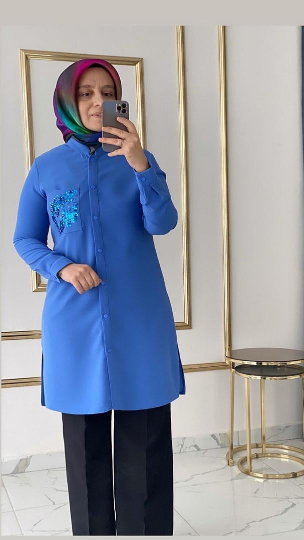 Cepli ve Pulpayet Detaylı Mavi Tunik FRY 